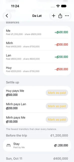 Settle-up screen: each person's balance, then a short list of who pays whom, such as Huy pays Me 500,000 dong